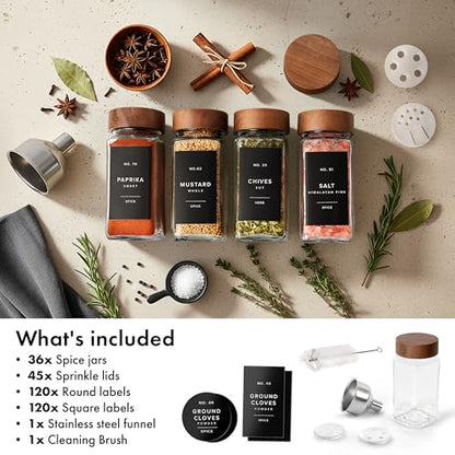EDELHAUS Glass Spice Jars with Label, 36x Acacia Wooden Lids - Black Labels | Airtight acacia lids keep spices fresh; use as a spice organizer, seasoning containers or 4 oz jar set; funnel & 240 labels - color: 36x Acacia Jars Black Stickers