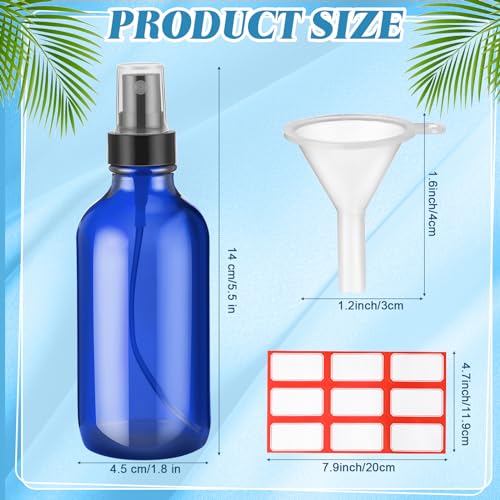 Fumete 2 Pack Glass Bottles 4oz Empty Refillable Liquid Containers with 1 Label 1 Funnel for Essential Oils Hair Travel Plants Cleaning Skin Care(Blue, Black Top,Mist Bottle) - color: Blue, Black Top, style: Mist Bottle