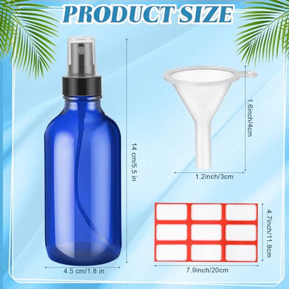 Fumete 2 Pack Glass Bottles 4oz Empty Refillable Liquid Containers with 1 Label 1 Funnel for Essential Oils Hair Travel Plants Cleaning Skin Care(Blue, Black Top,Mist Bottle) - color: Blue, Black Top, style: Mist Bottle