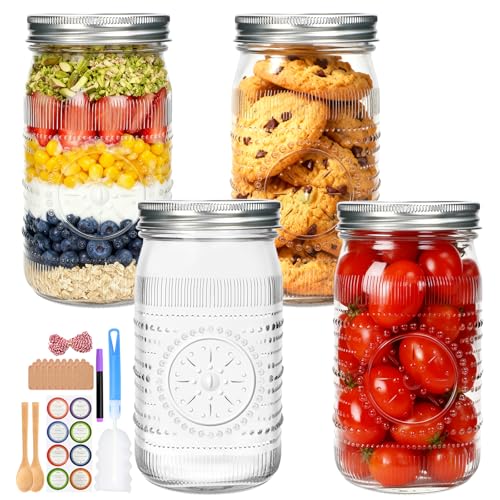 32 oz Wide Mouth Mason Jars with Lids and Bands,Quart Canning Jars for Pickling, Fermenting,Preserving,Large Glass Mason Jars for Jam,Pickling,Meal Prep,DIY Crafts,4 Pack