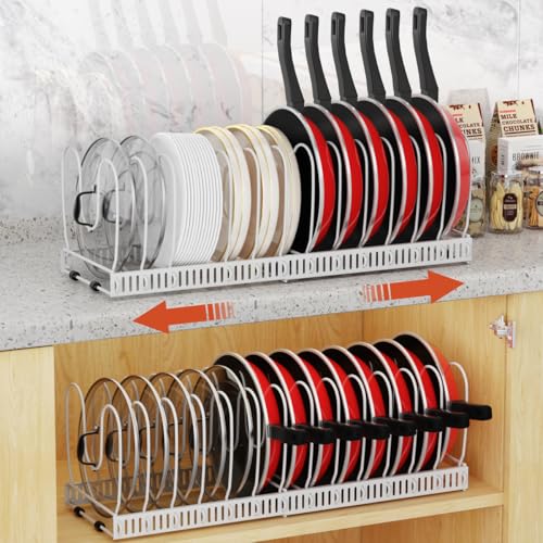 Housolution 2 Pack Pot and Pan Organizer, 12"-23" Expandable Pot Lid Organizer with 14 Adjustable Dividers, Pan Lid Holder Storage Rack for Cabinet, White - color: White, size: 14 Dividers, 2 Pack