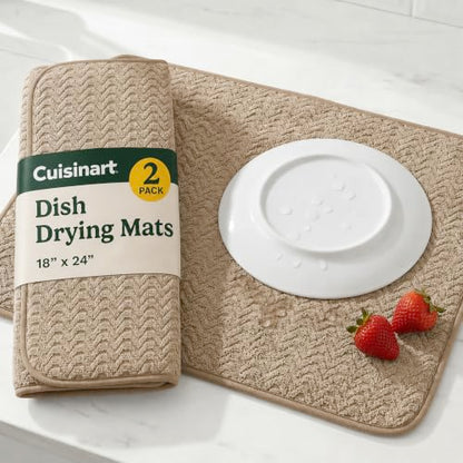 Cuisinart Dish Drying Mat for Kitchen Counter - 2-Pack XL 18x24 Ultra Absorbent Microfiber Dish Mat - Fast Drying, Machine Washable, Foldable Countertop Pad - Safe for Granite & Quartz - color: Geostripe Tan