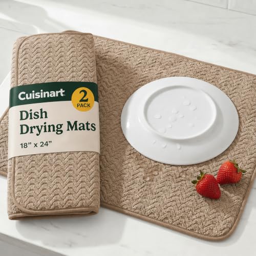 Cuisinart Dish Drying Mat for Kitchen Counter - 2-Pack XL 18x24 Ultra Absorbent Microfiber Dish Mat - Fast Drying, Machine Washable, Foldable Countertop Pad - Safe for Granite & Quartz - color: Geostripe Tan