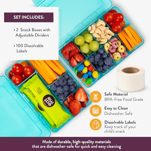 Snack Box Containers Set of 2-Reusable,100 Dissolvable Labels, 8 Adjustable Compartments, Dishwasher Safe, BPA-Free, Meal Prep Container, PARENT TESTED PARENT APPROVED AWARD (2 Pack) (Blue) - color: Blue, size: Small