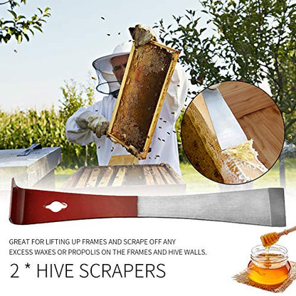 Hive Tool, 2PCS Stainless Steel Hive Scraper Tools with Red Handle - Beekeeping Equipment for Frame Lifting and Wax Scraping
