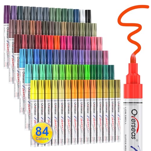 Overseas 84 Colors Paint Pens, Oil Based Permanent Paint Markers Medium Tip | Waterproof, Quick Dry, Fade Resistant, Assorted Colors Marker Pen for Metal, Rock, Wood, Rubber, Plastic, Glass, Canvas - size: 1 Count (Pack of 84)