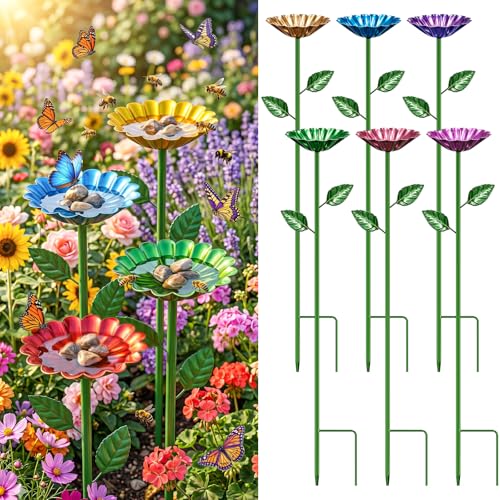 6 Pack Waterer Stations for Bees Butterfly Hummingbird Pollinators Outside Feeders, Flower Shaped Cups for Garden Yard Balcony Planters Decorative, Stand Metal Colorful Bath Pots with Anti-Rust Design