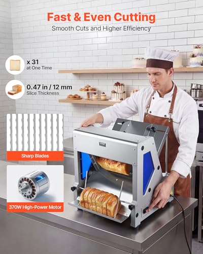 VEVOR Electric Bread Slicer, 370W Bread Slicing Machine, Die-Cast Aluminum Countertop Bread Cutter Machine for 12mm Slice Thickness, Commercial & Home Use for Bakeries Restaurants, 120V - size: Upgraded Electric Bread Slicer