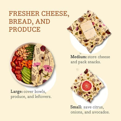 Bee's Wrap Vegan Beeswax Wraps for Food - 3 Pack of Assorted Beeswax Wraps - Small, Medium & Large Wrap - Plastic Free Made in USA Reusable Natural Food Wrap - Meadow Magic Print - style: Vegan Meadow Magic