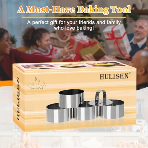 HULISEN Round Cake Ring Mold, Stainless Steel 3” Cooking Crumpet Rings with 1 Pusher & 4 Food Form, Tuna Tartare Mold for Pancake, Salad, Mousse - size: 4 Round/ Set-3 Inch with Pusher