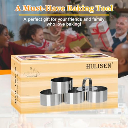 HULISEN Round Cake Ring Mold, Stainless Steel 3” Cooking Crumpet Rings with 1 Pusher & 4 Food Form, Tuna Tartare Mold for Pancake, Salad, Mousse - size: 4 Round/ Set-3 Inch with Pusher