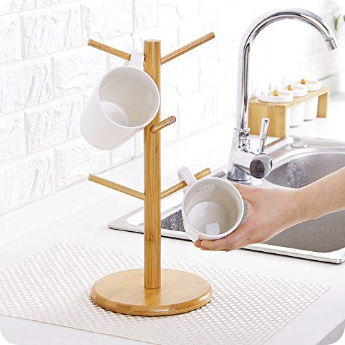 Mug Holder Tree, Coffee Cup Holder, Bamboo Mug Tree for Counter, Coffee Mug Rack Dryer with 6 Hooks