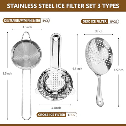 Cocktail Strainer-Stainless Steel Bar Tools Bartender Cocktail Strainer Set:Hawthorne Strainer,Julep Strainer and Conical Fine Mesh Strainer (Silver) - color: Silver