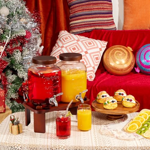 2PCS Large Drink Dispensers for Parties,Glass Beverage Dispenser with Wood Stand,Lemonade Drink Dispenser with Stainless Steel Spigot for Fridge,Water, Juice,Punch,Cocktails,Ice Tea & Sun Tea
