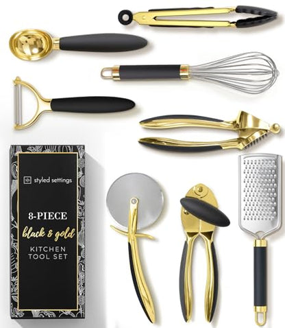 Black and Gold Kitchen Utensils - Luxe 8-Piece Gold Kitchen Tools Set with Can Opener, Pizza Cutter, Peeler, Mini Whisk, and Tongs - Stylish Accessories for Modern Cooking and Ideal for Gifting - color: 8 PC Black & Gold