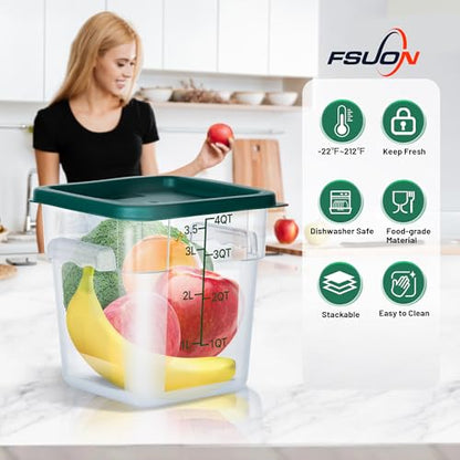 4 Pack 4 Qt Square Polycarbonate Food Storage Containers with Lids | Clear BPA-free PC with lids, side handles, measurement scale and stackable design; for food prep, storage and freezer use. - color: 4Qt