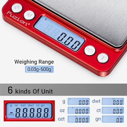 Fuzion Digital Scale .01 Gram Accuracy, 500g Mini Food Scales for Small Jewelry, Gold, Herb, Spice - Weight Gram and Oz - color: Red