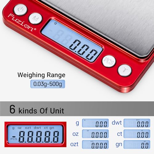 Fuzion Digital Scale .01 Gram Accuracy, 500g Mini Food Scales for Small Jewelry, Gold, Herb, Spice - Weight Gram and Oz - color: Red