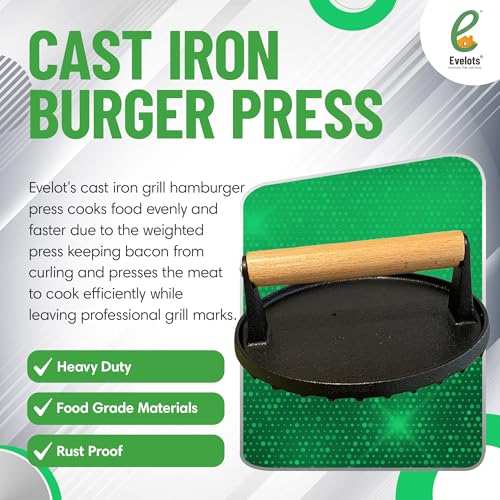 Evelots Cast Iron Burger Press - Heavy Duty Pre-Seasoned Burger Smasher for Grill - Weighted Press for Meat, Grilled Cheese, Panini - Cook Evenly & Faster - Round Wood Handle