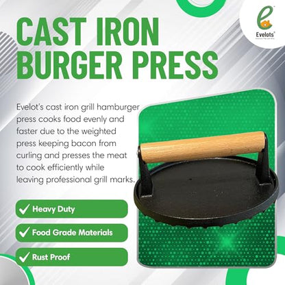 Evelots Cast Iron Burger Press - Heavy Duty Pre-Seasoned Burger Smasher for Grill - Weighted Press for Meat, Grilled Cheese, Panini - Cook Evenly & Faster - Round Wood Handle