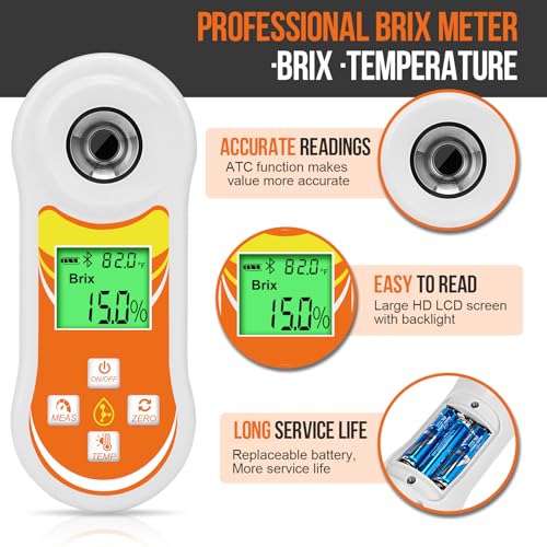 Smart Brix Refractometer, YINMIK Digital Brix (0-60%) Tester, Sugar Temperature Meter with ATC, Portable Brix Meter for Fruit, Home Wine & Beer Brewing, Coffee, Maple Syrup, Juice, Food, Vegetable