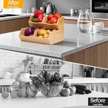 3 Pack Stackable Bamboo Pantry Storage Bins Fruit Food Storage Organizer | Bamboo Potato Onion Storage Bins - Pantry Organizers for Kitchen Countertop, Food Storage Containers for Fruits Vegetables