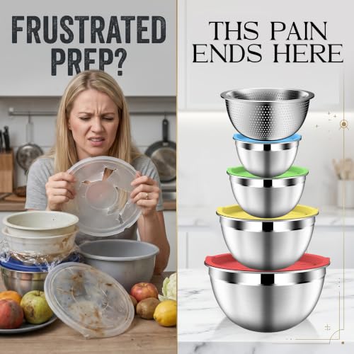 DUTZUN Colorful Mixing Bowls with Strainer, Mixing Bowl with Lids Set, Stainless Steel Mixing Bowls, Kitchen Gadgets Salad Bowls with Strainer for Mixing & Preping & Serving - style: 9PCS Multicolor