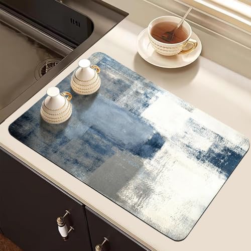 Dish Drying Mat for Kitchen Counter, Blue and White Grey Abstract Art, Absorbent Quick Dry Pad with Rubber Backing, Draining Mat Dish Rack Pad for Dishes, Utensils, Countertops, Sinks 12" x 20 - color: Blue and White Grey