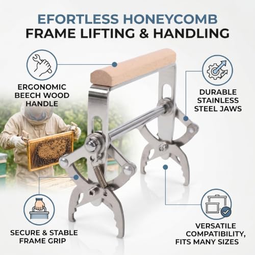 Beehive Frame Clamp, Stainless Steel Honeycombs Lifting Gripper with Wooden Handle for Beekeeping Transfer, Beekeeping Frame Gripper Holder and Lifter Tool