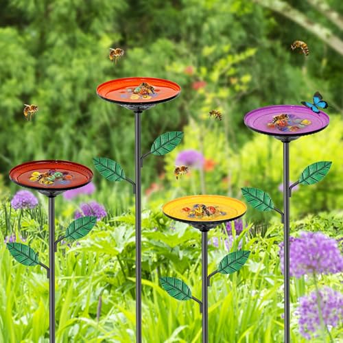 4 Pack Bee Watering Stations, Bee Feeders for Garden with 40PCS Glass Marbles,Colorful Bee Butterfly Bath Bowl Waterer, Metal Bee Water Feeder for Outdoor Yard Courtyard Decor (4Pcs) - style: Round basin -4Pcs