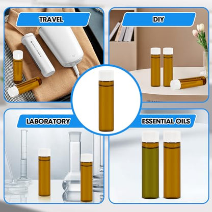 25PCS 20ml Amber Glass Vials with White Screw Caps and Plastic Stoppers, Leak-Proof Small Liquid Sample Bottles for Essential Oils, Perfumes, Reagents - color: AMBER, size: 20ml