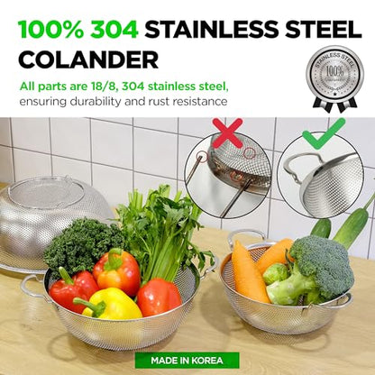 Premium 18/8 304 Stainless Steel Set of 3 – Micro-Perforated Strainers with Handles, Self-Draining Base for Pasta Vegetables Fruit, Heavy Duty (4, 6, 8 Qt) Made in Korea - size: 4+6+8QT Colander