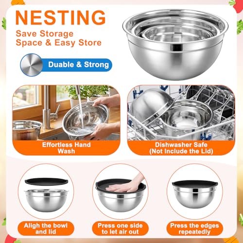 18 Pack Stainless Steel Mixing Bowls with Lids Set Includes Stainless Steel Measuring Cups and Spoons Wire Balloon Whisk Silicone Spatulas Suitable for Kitchen Cooking Baking(Black) - color: Black