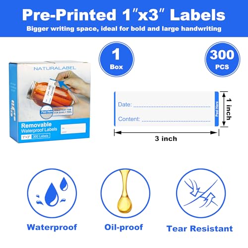 NATURALABEL 300 PCS Removable Freezer Labels with Dispenser - 1" x 3" Food Labels for Meal Prep Containers, Easy Peel-Off Design, No Residue (Blue) - color: Preprinted-blue