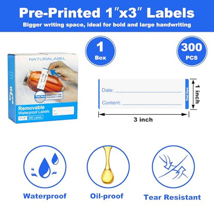 NATURALABEL 300 PCS Removable Freezer Labels with Dispenser - 1" x 3" Food Labels for Meal Prep Containers, Easy Peel-Off Design, No Residue (Blue) - color: Preprinted-blue