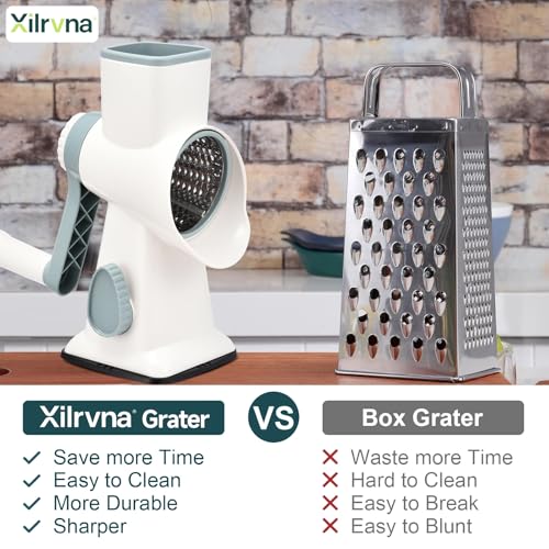 Rotary Cheese Grater with Handle Kitchen Shredder Slicer Grater Slicer Ice Shaver Cheese Vegetable Nuts Potato Zucchini Chocolate 3 Interchangeable Blades (WhiteBlue) - color: WhiteBlue