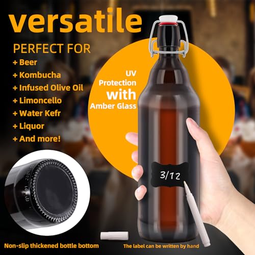 1Pc 32 oz Amber Glass Beer Bottles for Home Brewing with Flip Caps Refillable Brown Glass Storage Bottle with Swing Top Lids, Amber Iron Clasp Bottle 1000ML 1 Pack