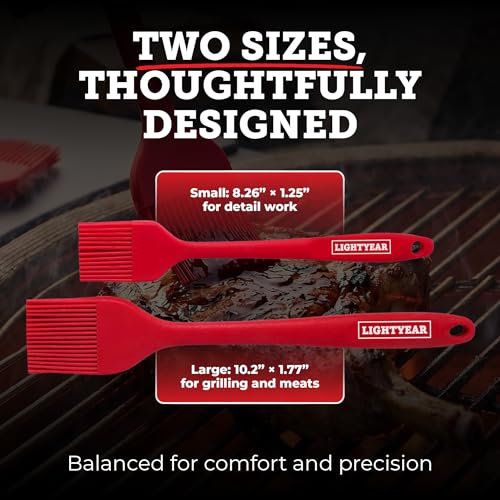 Lightyear Silicone Basting Pastry Brush Set (2 Pcs) ❘ 450°F Heat Resistant Oil Brush for Your Kitchen - Ideal For BBQ’s, Baking & Cooking | 100% Food Grade Silicone - BPA Free & Dishwasher Safe (Red) - color: Red