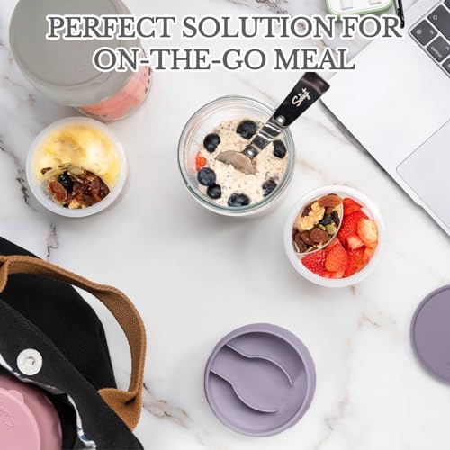 SOLIGT 2 Pack Overnight Oats Containers with Lids, Folding Spoons and Divided Compartments for Fruit & Nuts, Small Glass 16oz Mason Jars for Oatmeal Yogurt Parfait - color: 2 Set-Oat White/Wisteria Purple