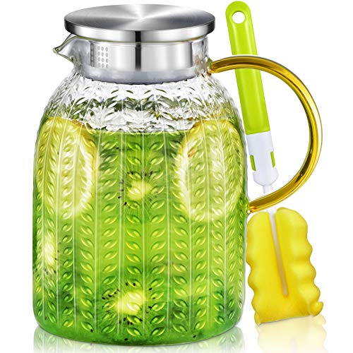 Aofmee 60oz Glass Pitcher, Water Pitcher with Lid, Iced Juice Jugs for Fridge, Glass Carafe for Cold or Hot Beverages, Sun Tea Jar, Easy Clean Heat Resistant Jug for Milk - color: Clear, Round, size: 60 OZ