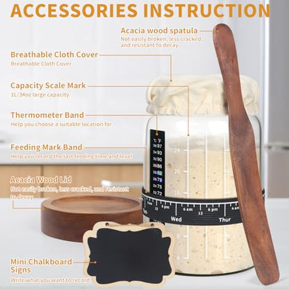Kmise 2 Pack Sourdough Starter Jar Glass, 34 Oz Wide-mouth Sourdough Starter Jar Kit W/Acacia Spatula, Cholkboard Sign, Thermometer, Feeding Band, cloth cover,Reusable Sourdough Bread Baking Supplies - color: 2 ガラス