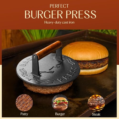 Heavy-Duty Cast Iron Burger Press 7 Inch Round Burger Smasher, Grill Press for Cooking Burgers, Bacon, Sandwiches, Steak, Ground Beef, Meats, Sausages - size: 7" Bacon Press