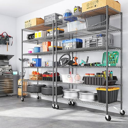 Romorgniz 6-Tier Rolling Storage Shelves, 82" H x 45" W x 18" D Adjustable Wire Shelving Unit with Locking Wheels, Heavy-Duty Metal Rack for Garage, Pantry, Kitchen, Basement – Black - size: 82"H X45"W X18"D-Black