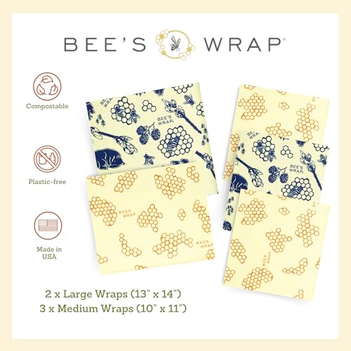 Bee's Wrap Beeswax Wraps for Food - Assorted 5 Pack of Beeswax Wraps - 2 Large & 3 Medium Wrap - Plastic Free Made in USA Reusable Natural Food Wrap - Honeycomb & Bees + Bears - style: 5 Pack (Honeycomb, Bees + Bears)