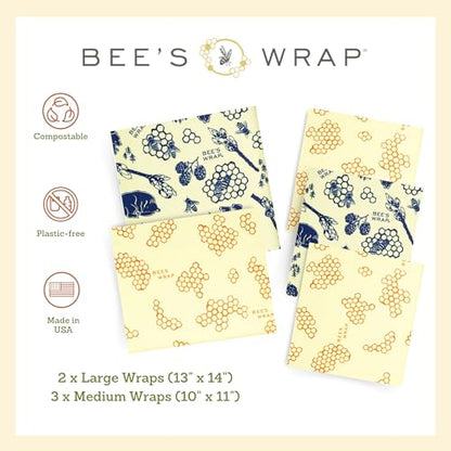 Bee's Wrap Beeswax Wraps for Food - Assorted 5 Pack of Beeswax Wraps - 2 Large & 3 Medium Wrap - Plastic Free Made in USA Reusable Natural Food Wrap - Honeycomb & Bees + Bears - style: 5 Pack (Honeycomb, Bees + Bears)