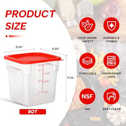 4 Pack 8QT Square Food Storage Containers with Lids | Clear NSF polycarbonate containers with scale, label and measuring cup, stackable for prep, storage, freezer. Dishwasher safe - color: 8Qt