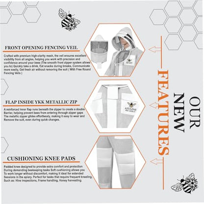 Azulene 3-Layer Ultra Ventilated Bee Suit for Men & Women – Premium Beekeeping Suit with Bee Gloves & Two Detachable Beekeeping Veils (XL) - size: XL