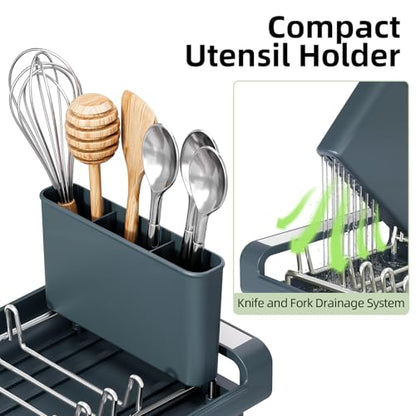 TOOLF Small Dish Drying Rack, Mini Expandable Compact Dish Rack, Slim Extendable Stainless Steel Dish Drainer for Kitchen Countertop, Space Saving Dish Strainer, Dark Slate Gray - color: Dark Slate Gray