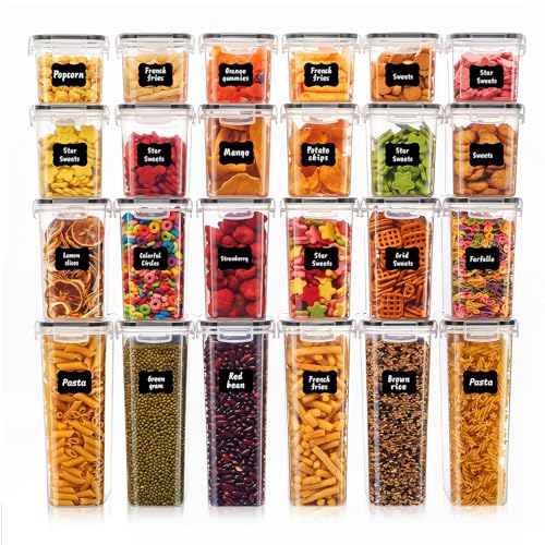 24 PCS Airtight Food Storage Containers with Lids, BPA Free Clear Plastic Kitchen and Pantry Organization and Storage Set for Flour, Sugar, Cereal, Pasta, Includes 24 Labels and Marker - size: 24pcs