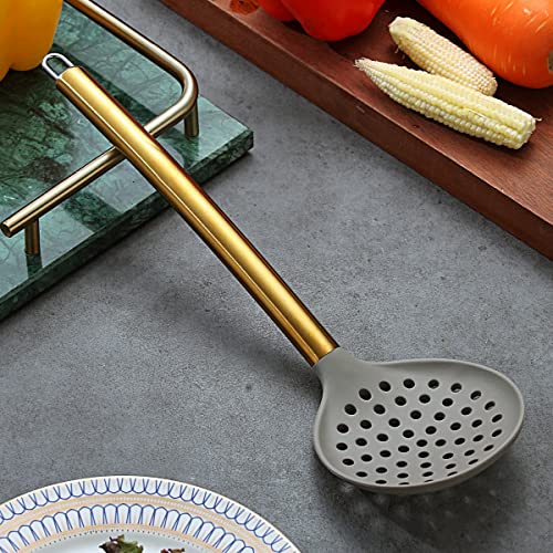 Gold Skimmer, Berglander Non-stick Silicone Strainer With Titanium Gold Plating handle, Kitchen Cooking Skimmers For Non-Stick Cookware, Dishwasher Safe, Easy to Clean - style: h. Skimmer